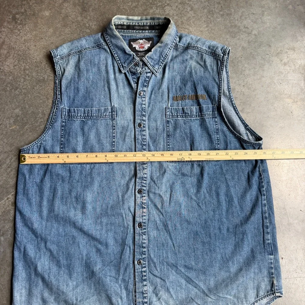 Harley Davidson Embroidered Motorcycle Denim Vest Button Front Mens L Sleeveless